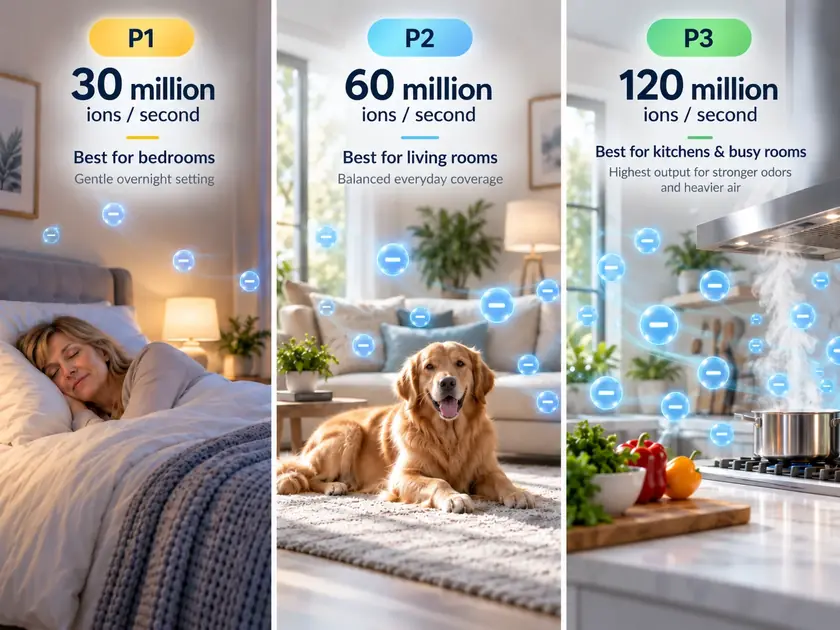 Ion Pure Pro P1, P2 and P3 ion levels across bedroom, living room and kitchen