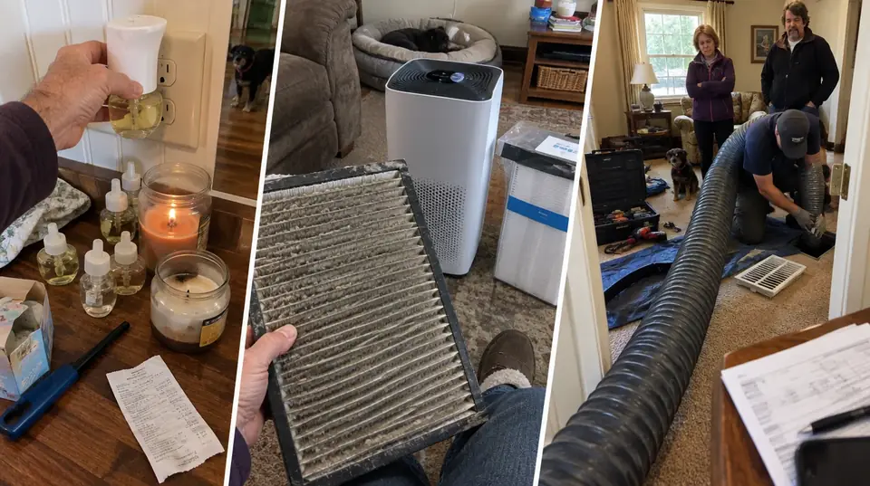 Plug-in air fresheners and candles, a clogged purifier filter, and a duct cleaning crew in the living room