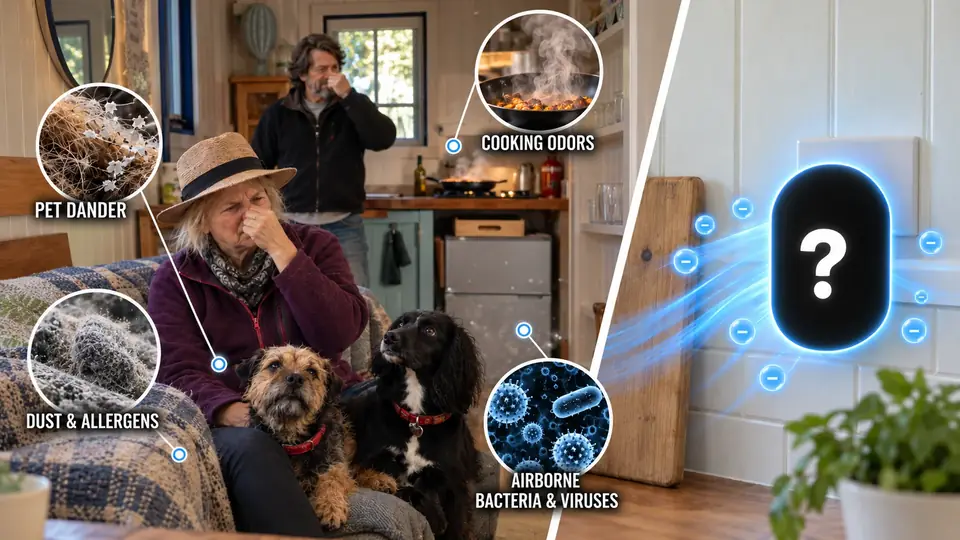 Woman on a couch with two dogs pinching her nose beside callouts for pet dander, dust, cooking odors and airborne bacteria, next to a glowing plug-in device releasing negative ions