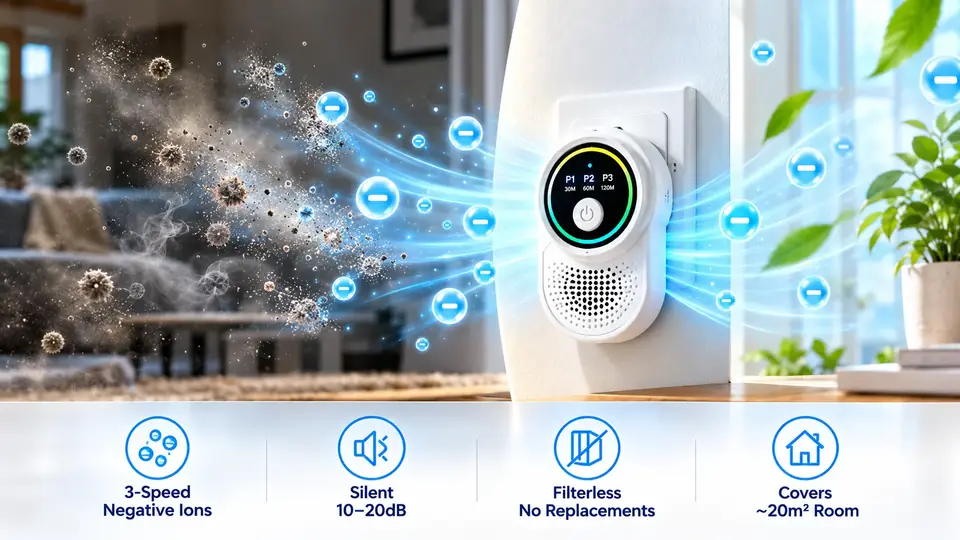 Ion Pure Pro plugged into a wall outlet releasing negative ions that clear dust and smoke from a living room