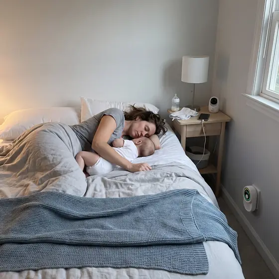 Mom and baby asleep, Ion Pure Pro on P1 beside the bed