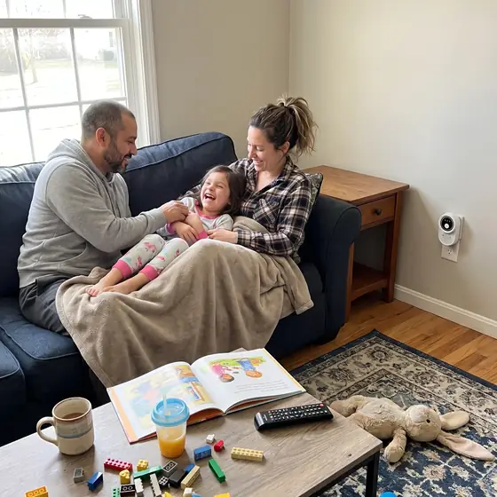 Family on the couch, Ion Pure Pro plugged in beside the end table