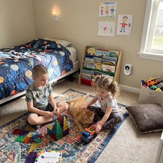 Two kids and their cat playing in a bedroom, Ion Pure Pro plugged in by the bookshelf