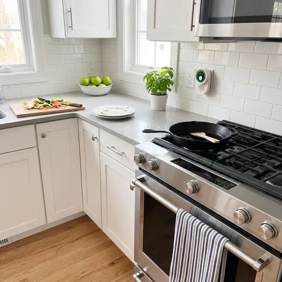 Ion Pure Pro plugged in above a kitchen counter after cooking
