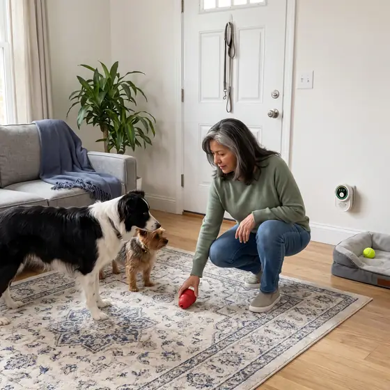Owner playing with her dogs, Ion Pure Pro in the outlet by the hallway
